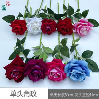 单枝细杆绒布小圆玫 弯头绒布角玫 婚庆插花假花家居客厅装饰绢花