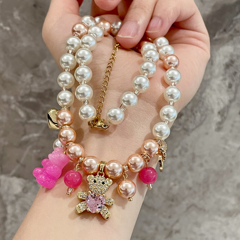 Alloy Pendant Material Pendant Necklace Classification Cute Bear Beaded Artificial Crystal Beaded Chain Beaded Necklaces Wholesale