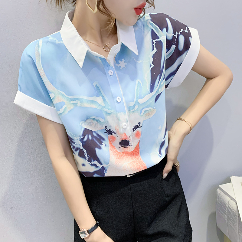 韩版2024夏装新款时尚拼接气质印花翻领衫显瘦衬衣宽松上衣小个子