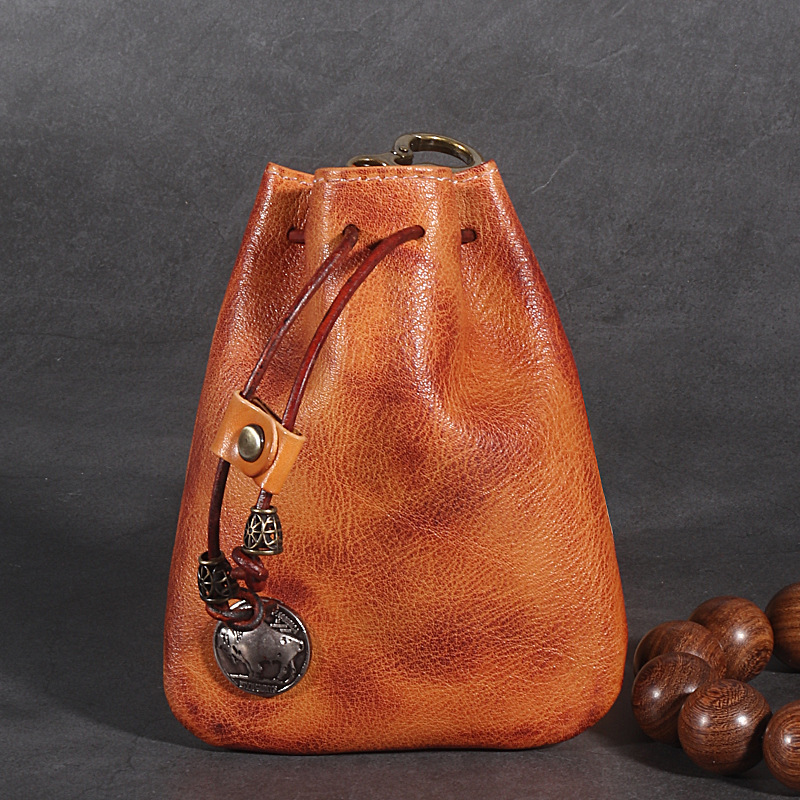 First-Layer Cowhide Vintage Coin Purse, Earphone Key Pouch, Jewelry Pouch, Waist Bag, Drawstring Storage Bag, Retro