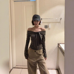 法式复古一字肩优雅条纹长袖t恤女早秋休闲百搭修身气质显瘦上衣
