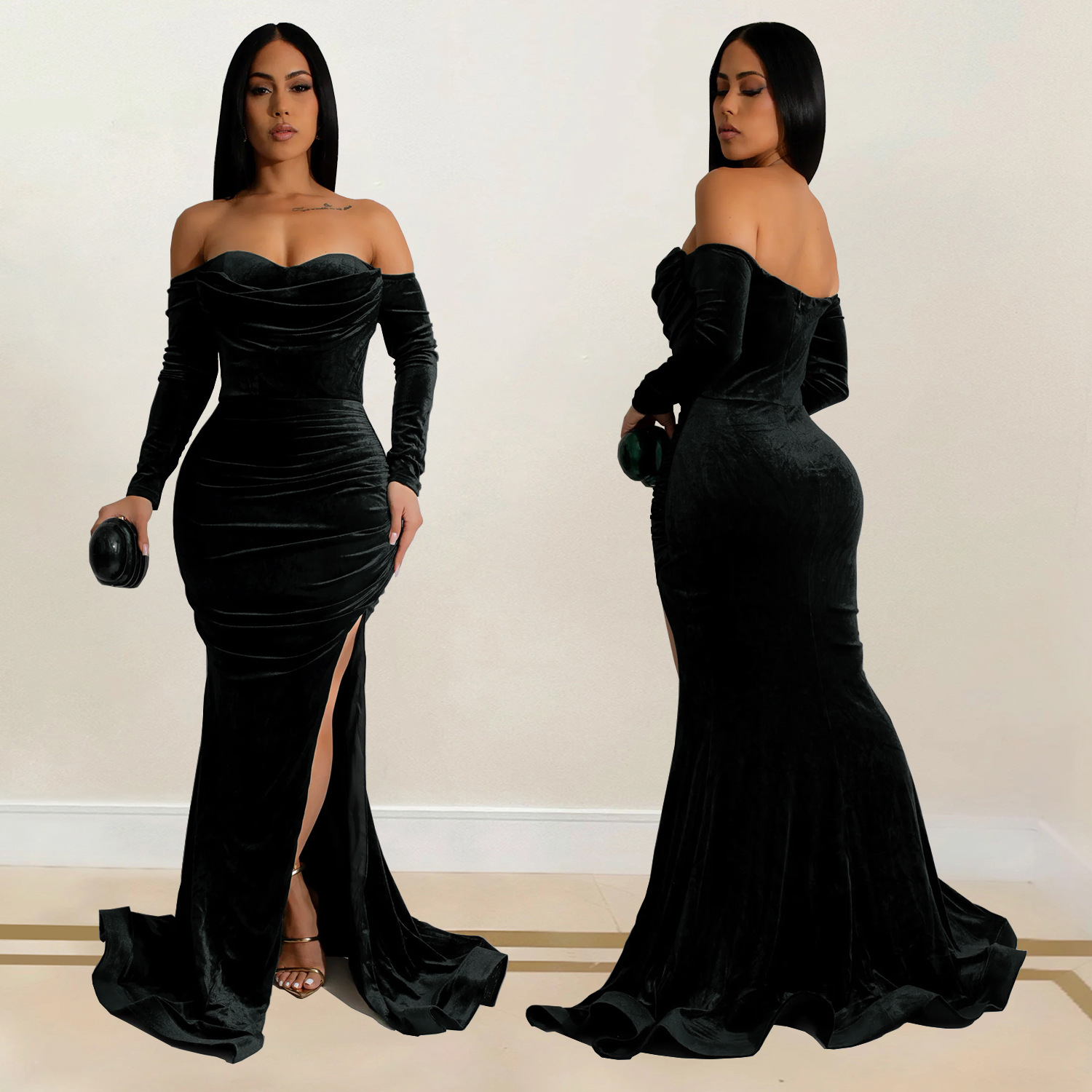 C7157 Aliexpress transfronterizo Amazon Europa y América ropa de moda de mujer de color sólido vestido de noche bifurcado vestido de pecho bajo nuevo image 4