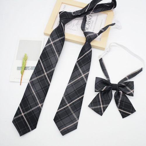 JK tie for women, Korean version, Japanese style, college style, smoke gray plaid, hand-made school uniform, student uniform, knot-free tie flower trend