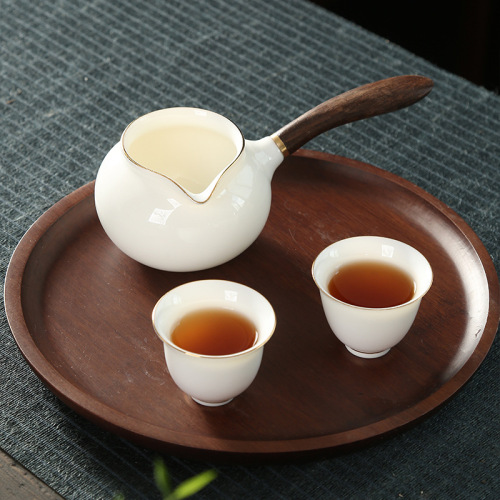 White porcelain tea serving set, side handle, wooden handle, fair cup, Phnom rim handleless tea cup, single Kung Fu tea set, tea ceremony