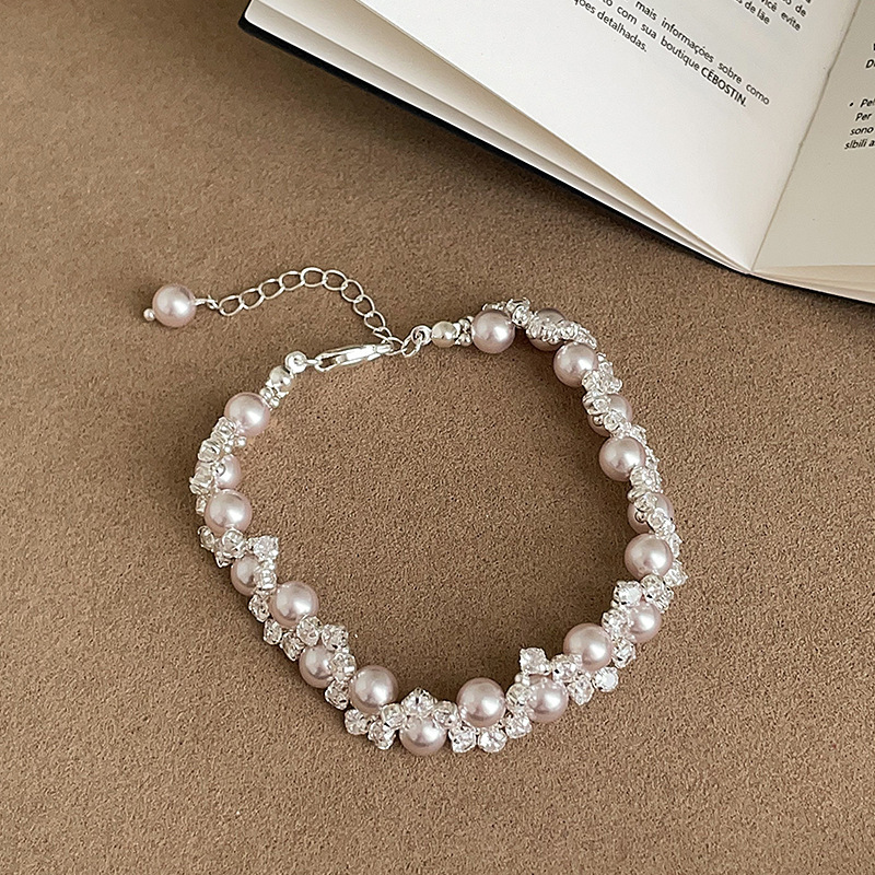 French-Style Light Luxury Pink Pearl Zircon Double-Layer Bracelet for Women, High-End, Exquisite, Personalized, Fashionable and Trendy Bracelet Jewelry