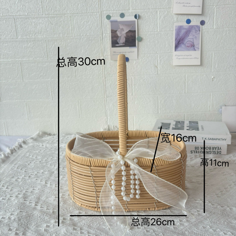 베이지 묶음 스트레이트 타원형 꽃바구니 + 리본 + 꽃머드 + 진주