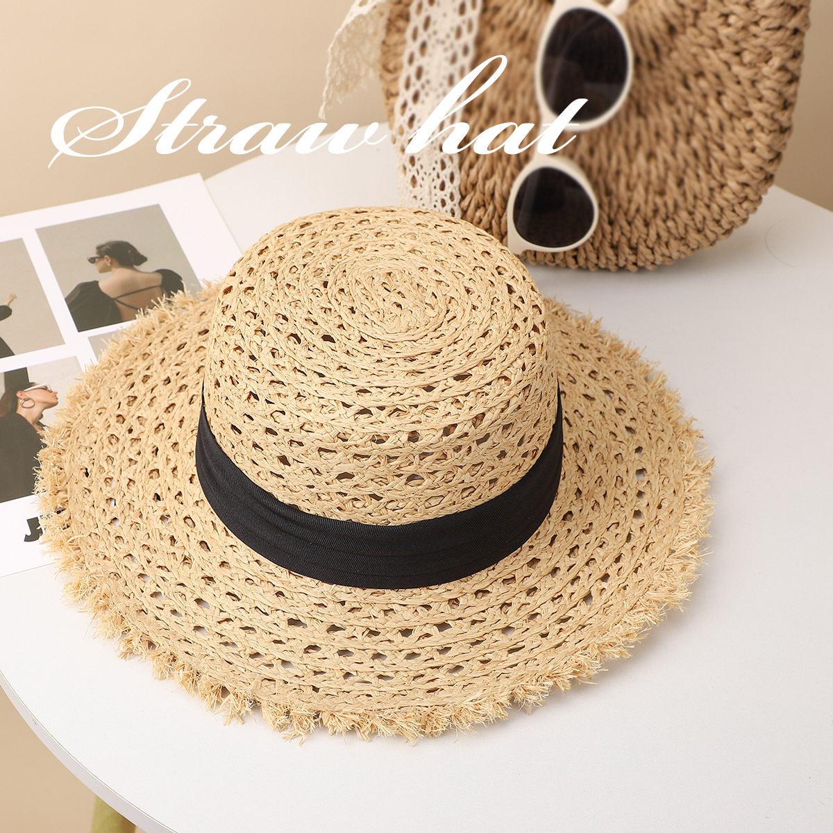 Chapéu de sol de ráfia estilo hepburn com bordas desfiadas_voghion.com