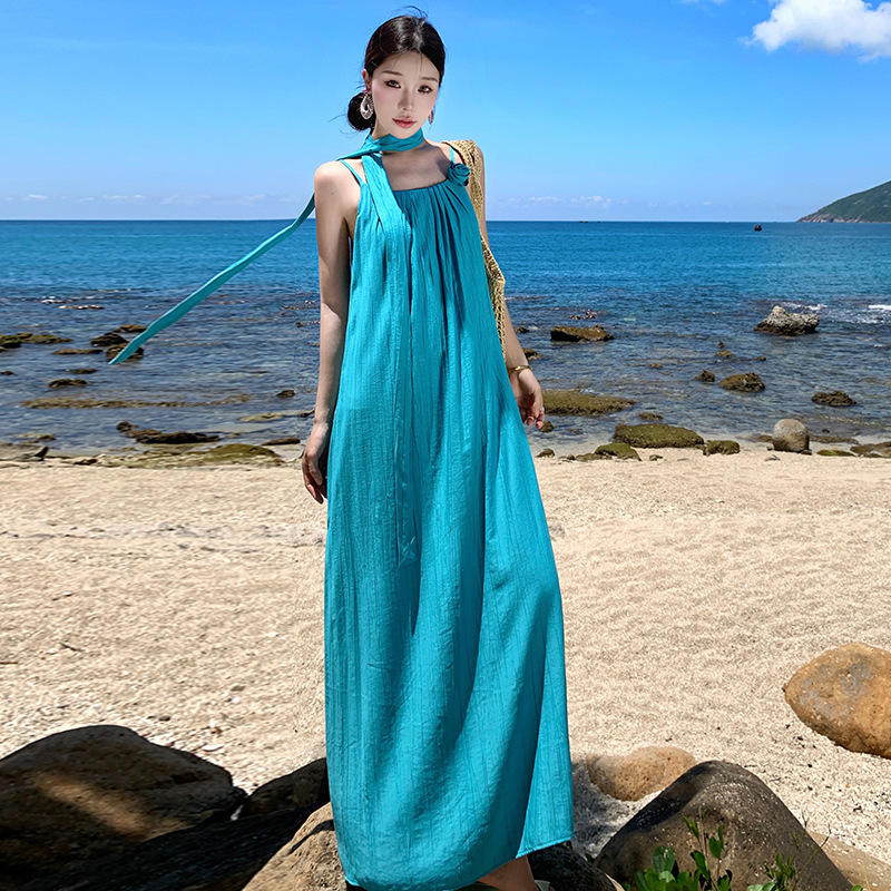 Thailand Seaside Beach Long Skirt to Ankle Super Long Holiday Style Chic Neck Hanging Flower Loose Sling dress