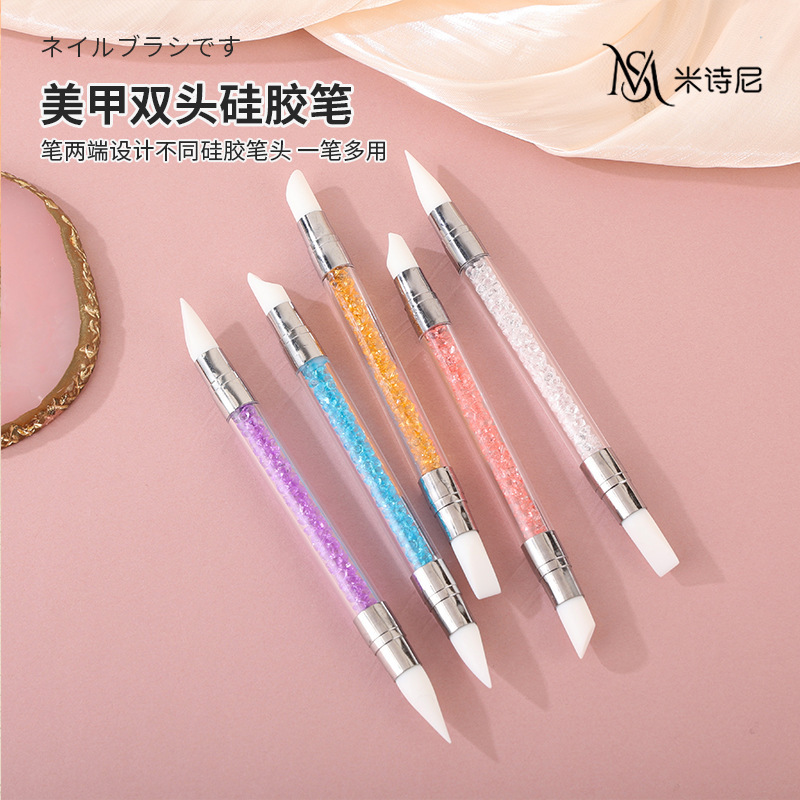 Dual-Ended Silicone Nail Art Pen Multifunctional Press Stick for Carving and Mixing Gel, Dual-Ended Applicator for Mirror Powder and Stickers, Professional Tool