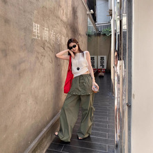 现货韩国chic屁帘假两件设计宽松休闲工装裤毛衣背心时尚套装女装