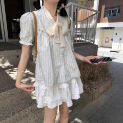 リボンシックなレースパフスリーブストライプシャツ女性のための夏の 2025 新しいカジュアル甘い優しいスタイルトップ