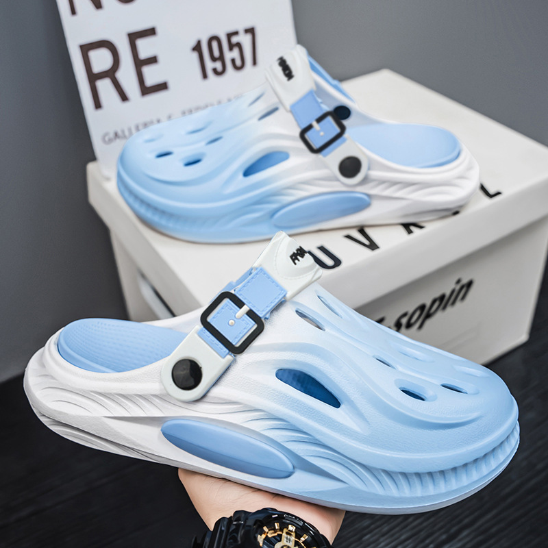 Sandalias deportivas para hombre, zapatos con agujeros de fondo suave antideslizantes y transpirables para uso exterior de verano, sandalias y zapatillas de playa desodorantes de color degradado para hombre