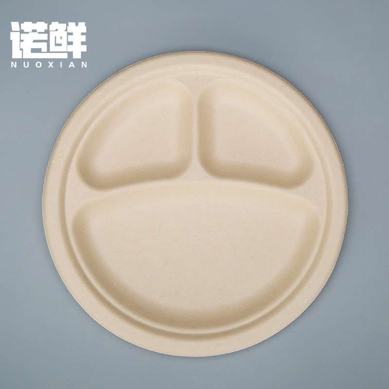Paper plate disposable three-grid disc thickened sugarcane pulp 9-inch 10-inch compartment paper plate environmentally friendly fast food plate dish