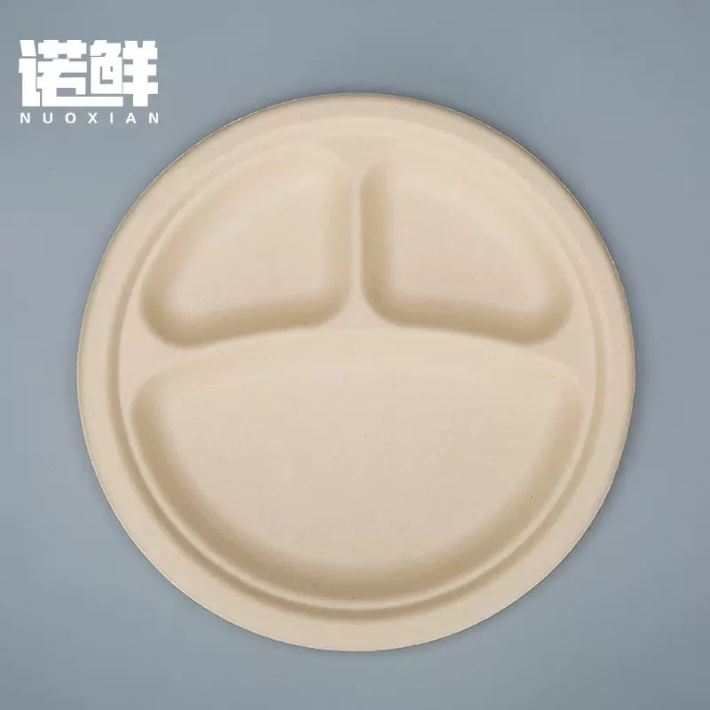 纸盘子一次性三格圆盘加厚甘蔗浆9寸10寸分格纸碟环保快餐盘菜盘