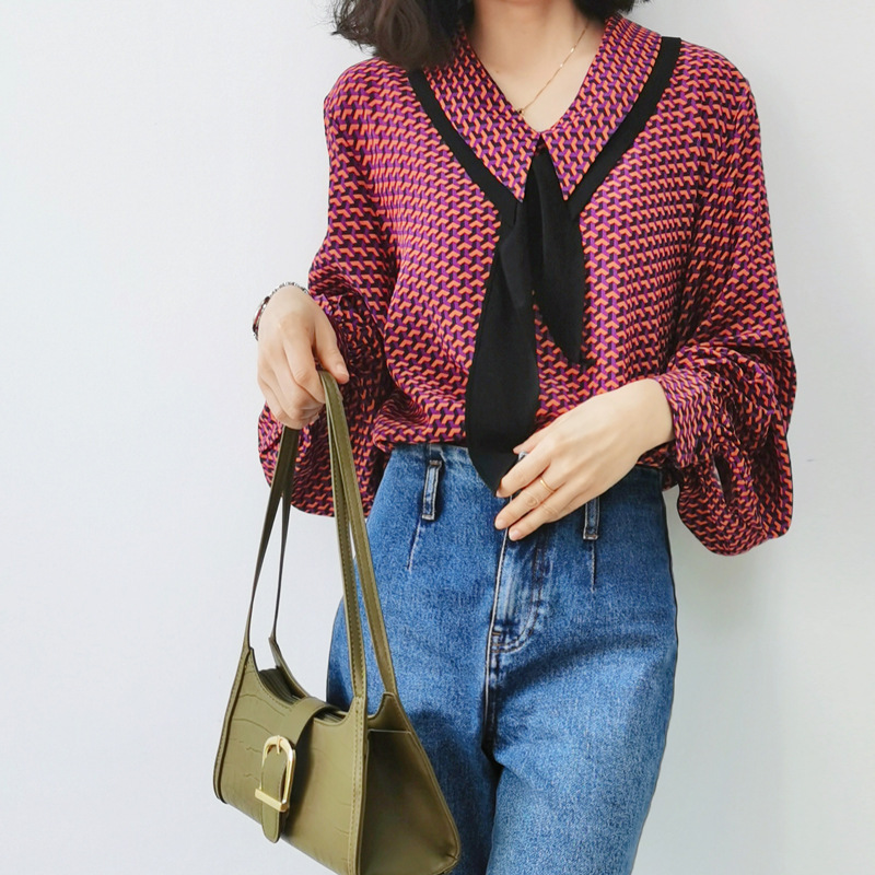 Special Offer: French-Style Vintage Black V-Neck Silk Crepe Printed Shirt for Women with Large Lantern Sleeves