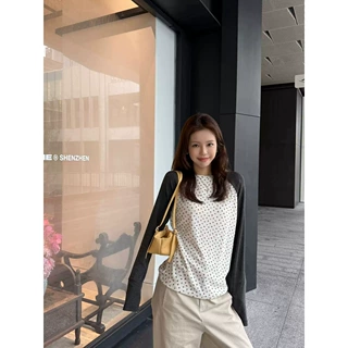 Tuuh图画本【灰袖碎花】碎花炭灰长袖圆领T恤女秋上衣