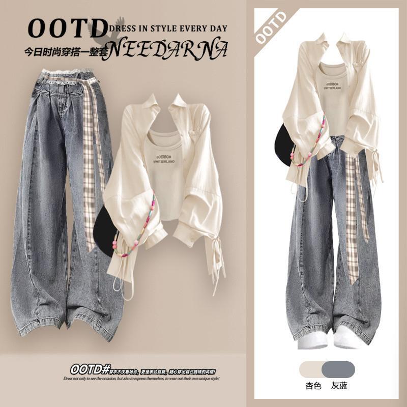 Summer Ootd Outfit: Casual Sun-Protective Shirt, 2026 Super Trendy Summer Wear, a Complete Set of Cool and Stylish Denim Suit Pants