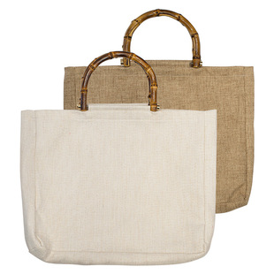 Bamboo Handle Sublimated Linen Handbag Linen Beige Fashionable Environmentally Friendly Women's Bag Lightweight Casual Shopping Bag