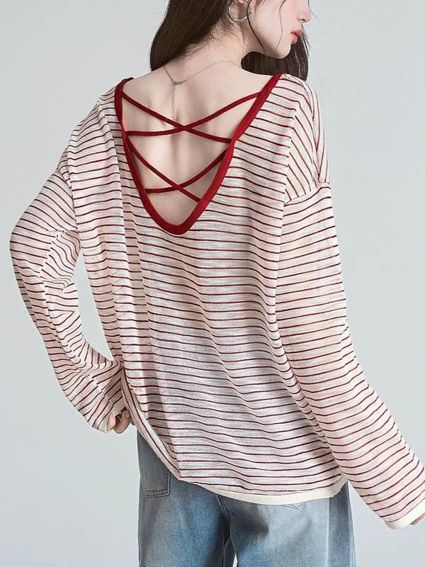 バックレスストライプ長袖日焼け止めブラウス Tシャツ女性のための 2025 夏の新しいスタイルバック中空トップ|undefined
