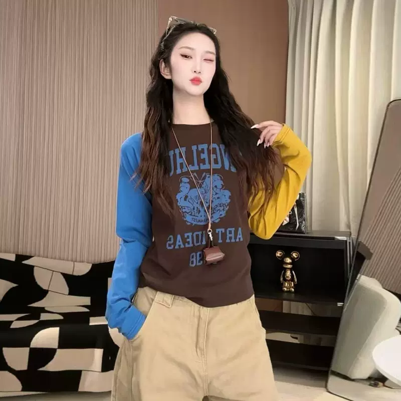 美式撞色拼接时尚字母圆领长袖T恤女2025早秋新款百搭显瘦上衣ins