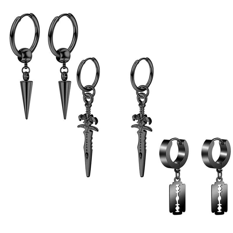 Black Men's Ear Clip Ear Stud Earrings Set 3 Pair Stainless Steel Fashion Jewelry detail image 12