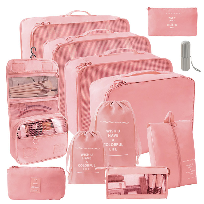 12 종 세트 [7 종세트 + 소묶음주머니 + 삼각가방 + 후크백 + 디지털백 + 세안컵] 핑크
