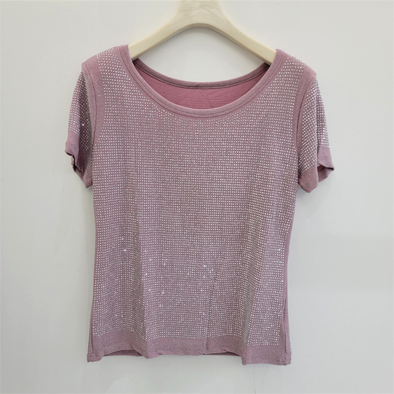 2026 verano lleno de diamantes brillante camiseta de base de mangas cortas de alta elasticidad camiseta de moda delgada ropa de mujer image 4