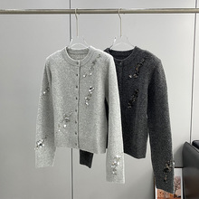外贸单手工钉珠亮片羊毛针织开衫女宽松休闲百搭长袖毛衣外套上衣