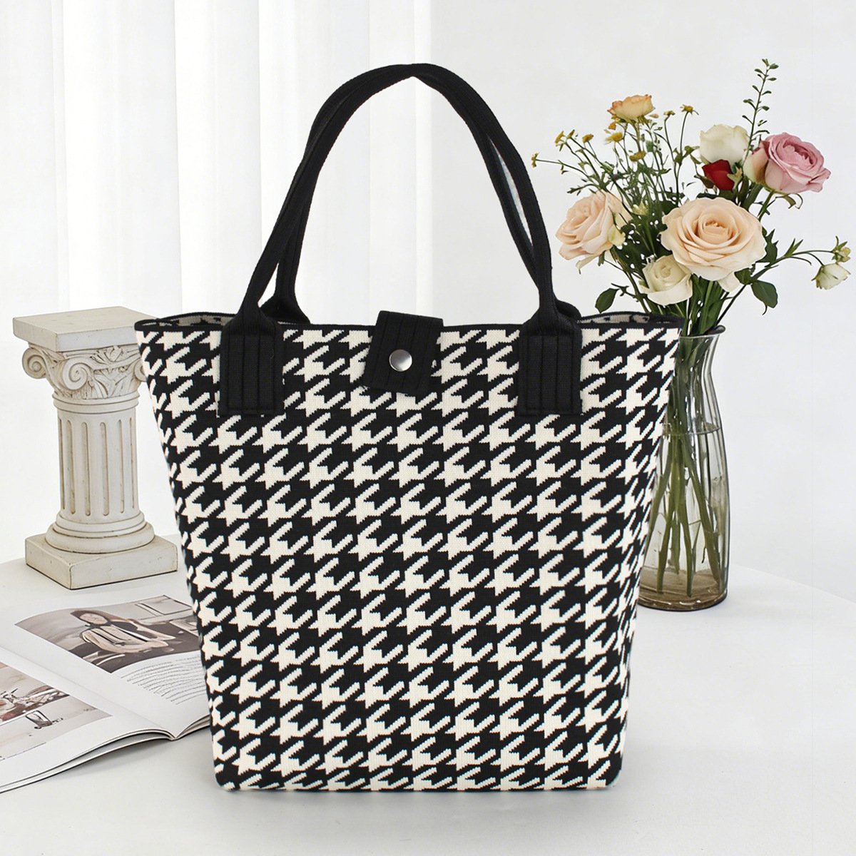 Bolso de tejido coreano de gran capacidad de transporte de moda de mil pájaros bolsos de mano casuales versátiles bolsos de bento image 17