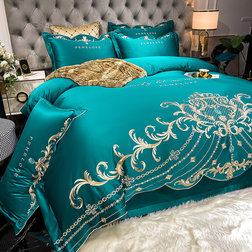 European high-end embroidered silk brocade Tencel four-piece set pure cotton bed sheet and duvet cover bed skirt option wedding celebration bedding wholesale