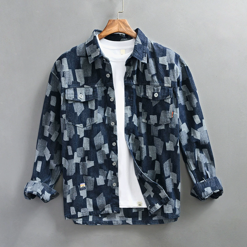 Z990 мужская джинсовая повседневная рубашка с длинными рукавами