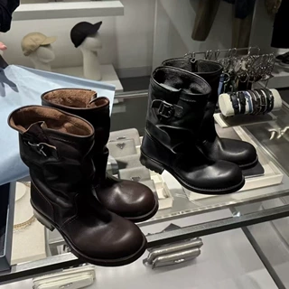 牛皮版复古粗跟手工褶皱堆堆靴女百搭厚底骑士靴皮带扣中筒机车靴
