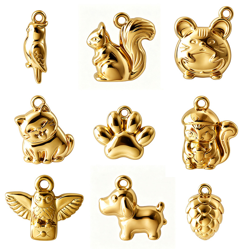 316 stainless steel cartoon animal pendants, gold-plated, 3D squirrel, cat, and dog paw charms, DIY necklace jewelry accessories