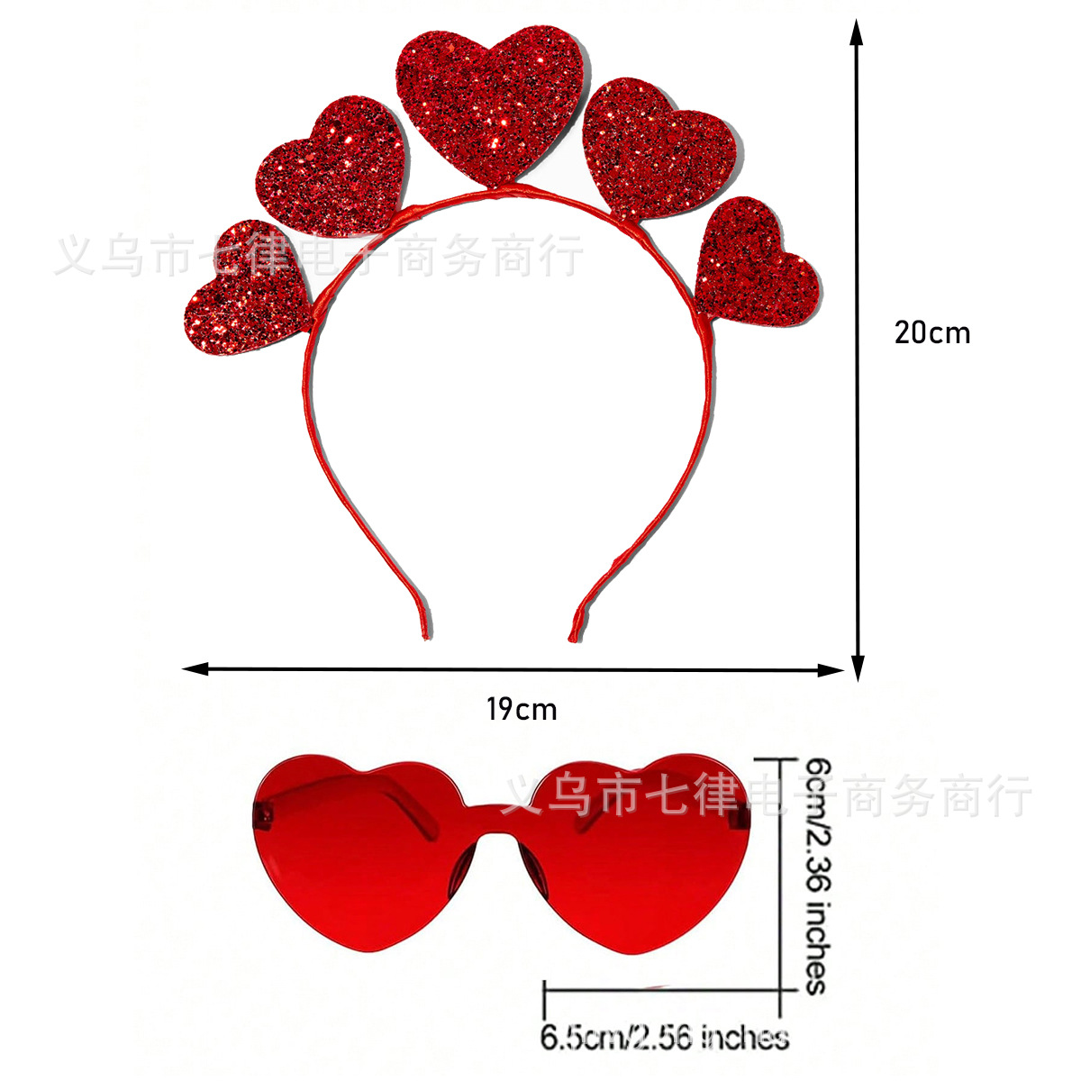 Día de San Valentín en forma de corazón diadema brillo cabeza hebilla gafas rojas en forma de corazón conjunto de dos piezas fiesta melocotón corazón lentejuelas diadema