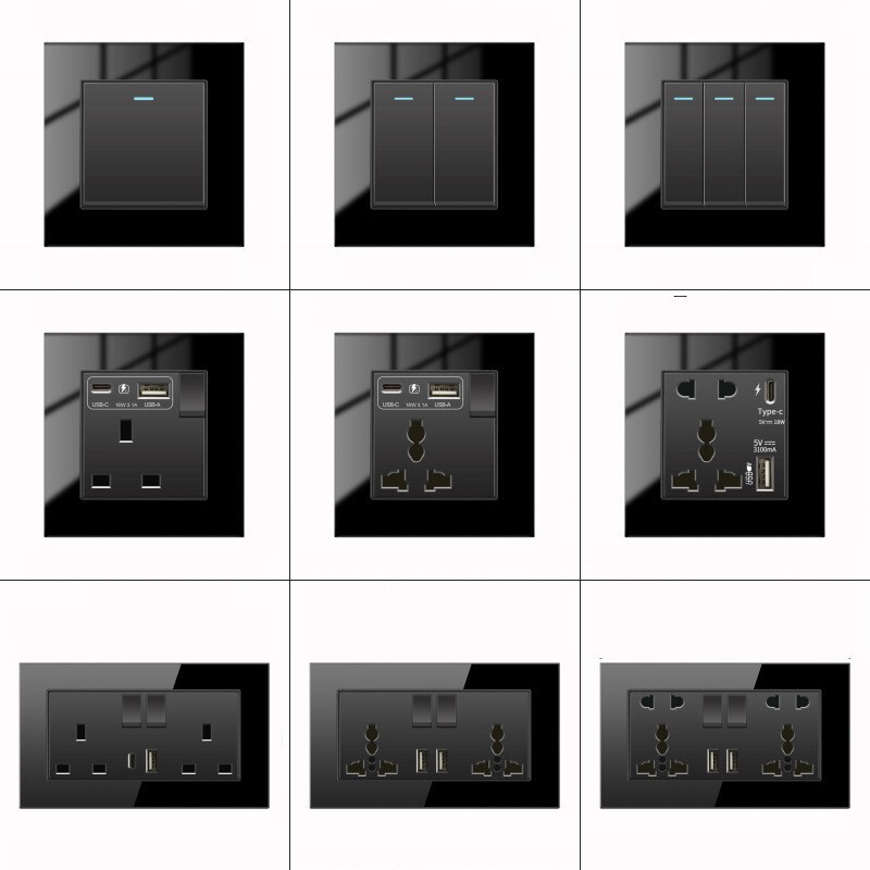 Hong Kong and Macao Version 13A British Socket with USB Fast Charging Type-C British Standard Square Leg Three-Hole Black Glass Panel Hong Kong and Macao Version 13A British Socket with USB Fast Charging Type-C British Standard Square Leg Three-Hole Black Glass Panel