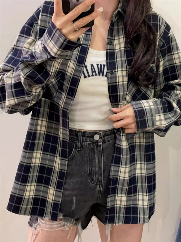 欧美宽松大码格子衬衫女式春秋季韩系慵懒风防晒上衣休闲衬衣外套|undefined