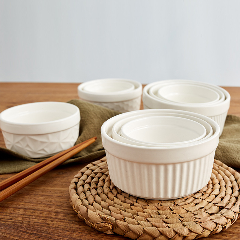Ceramic Pudding Cup Baking Cake Bowl White Baking Bowl Ceramic Striped Cup Cross-Border Dipping Sauce Bowl Hot Pot Sauce Bowl Thick