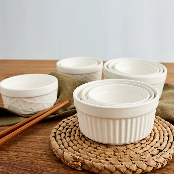 Ceramic Pudding Cup Baking Cake Bowl White Baking Bowl Ceramic Striped Cup Cross-Border Dipping Sauce Bowl Hot Pot Sauce Bowl Thick