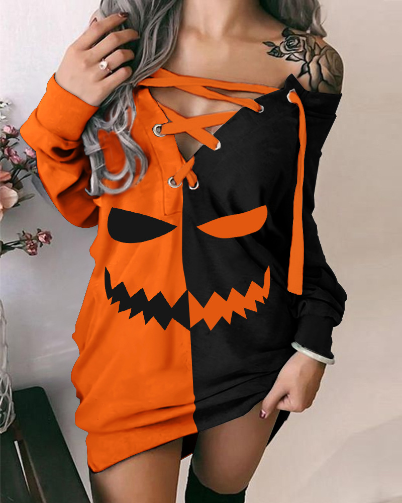 Women's Halloween Print Contrast Strap Dress For Women Stylish_voghion.com