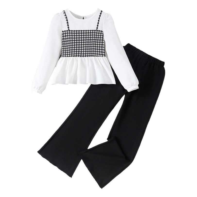 Traje de niñas Comercio exterior costura pata de gallo falso de dos piezas pantalones ajustados 2024 primavera europea y americana ropa de moda para niños