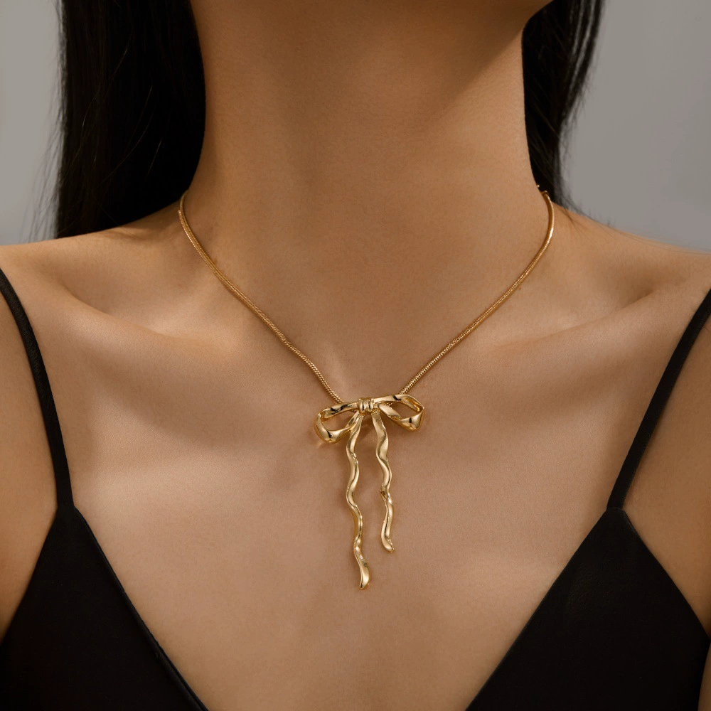 Золотое ожерелье в европейском и американском простом стиле, кулон в форме банта, трансграничное новое ожерелье с бантом