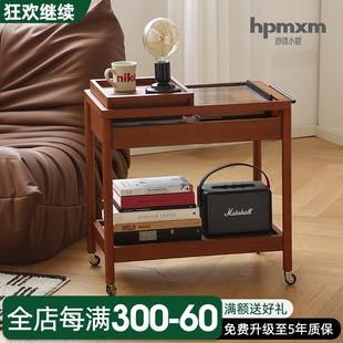 Household Small Apartment Retro Solid Wood Side Table Nordic Movable Cart Middle Old Sofa Coffee Table Storage Rack