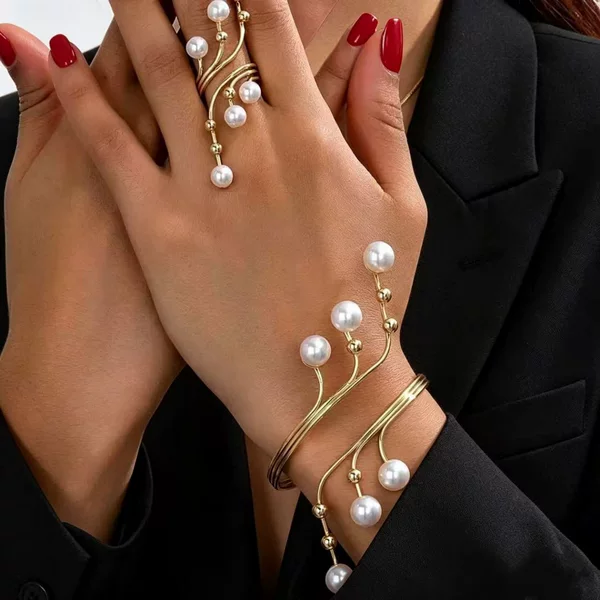 European and American cross-border fashion minimalist geometric pearl wrap-around ring and bracelet set, exaggerated women's arm ring
