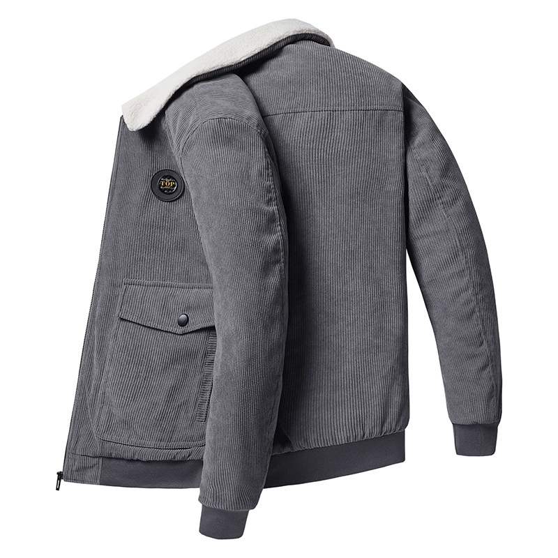Corduroy curlers, winter jacket, warm jeans, oversize