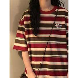 广州原版面料棉 螺纹领口 后包边 条纹刺绣小狗短袖恤情侣女
