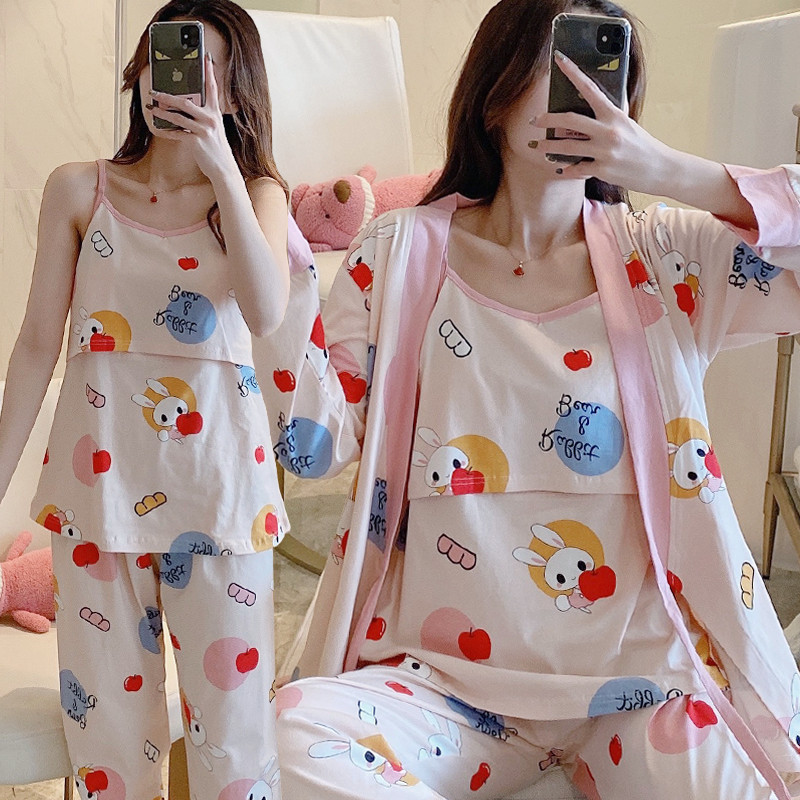 Luna Suit Spring and Autumn Thin Postpartum Nursing Pajamas Three-piece Set Summer Cotton Maternal Luna Nursing Suit for Pregnant Women