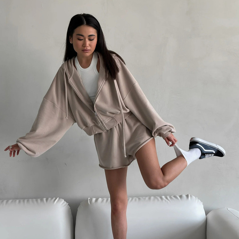 European and American Cross-Border Casual Women's Solid Color Long-Sleeved Hooded Drawstring Sweatshirt Shorts Suit Jacket Shorts Two-Piece Set