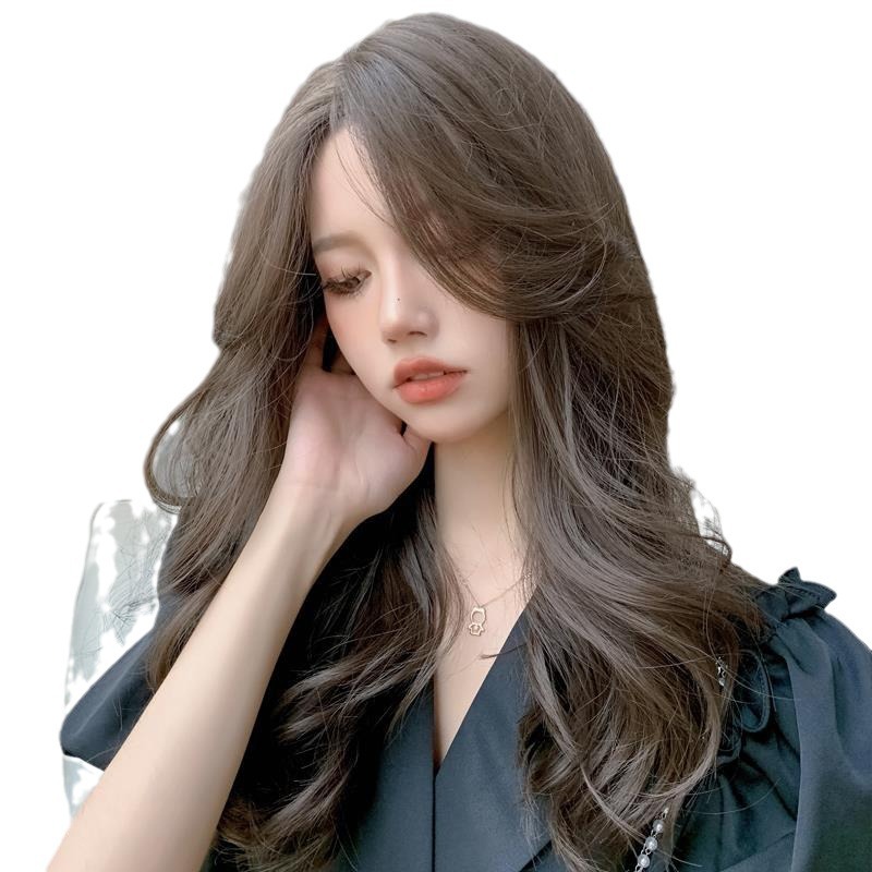 Xingcheng Wig Women's Long Hair Cold Brown Mid-character Bangs Long Curly Hair Simulation Big Wave Natural Full Head Cover