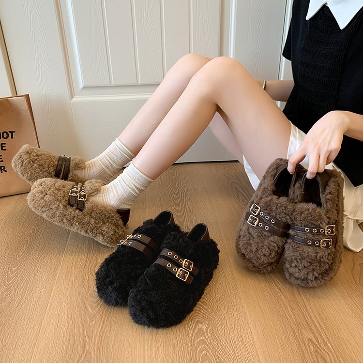 厚底羊羔绒毛毛鞋女外穿冬季新款懒人舒适加绒皮后跟舒适保暖棉鞋