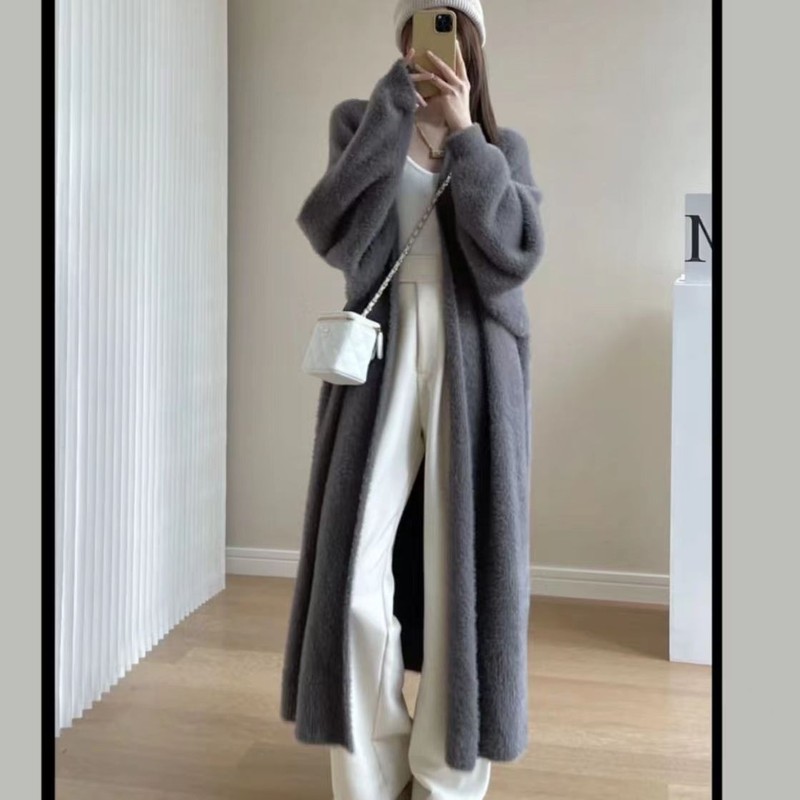 Imitation Mink Velvet Elegant Long Knee Sweater Cardigan Women's Autumn and Winter New Lazy Style Loose Cross-border Knitted Jacket